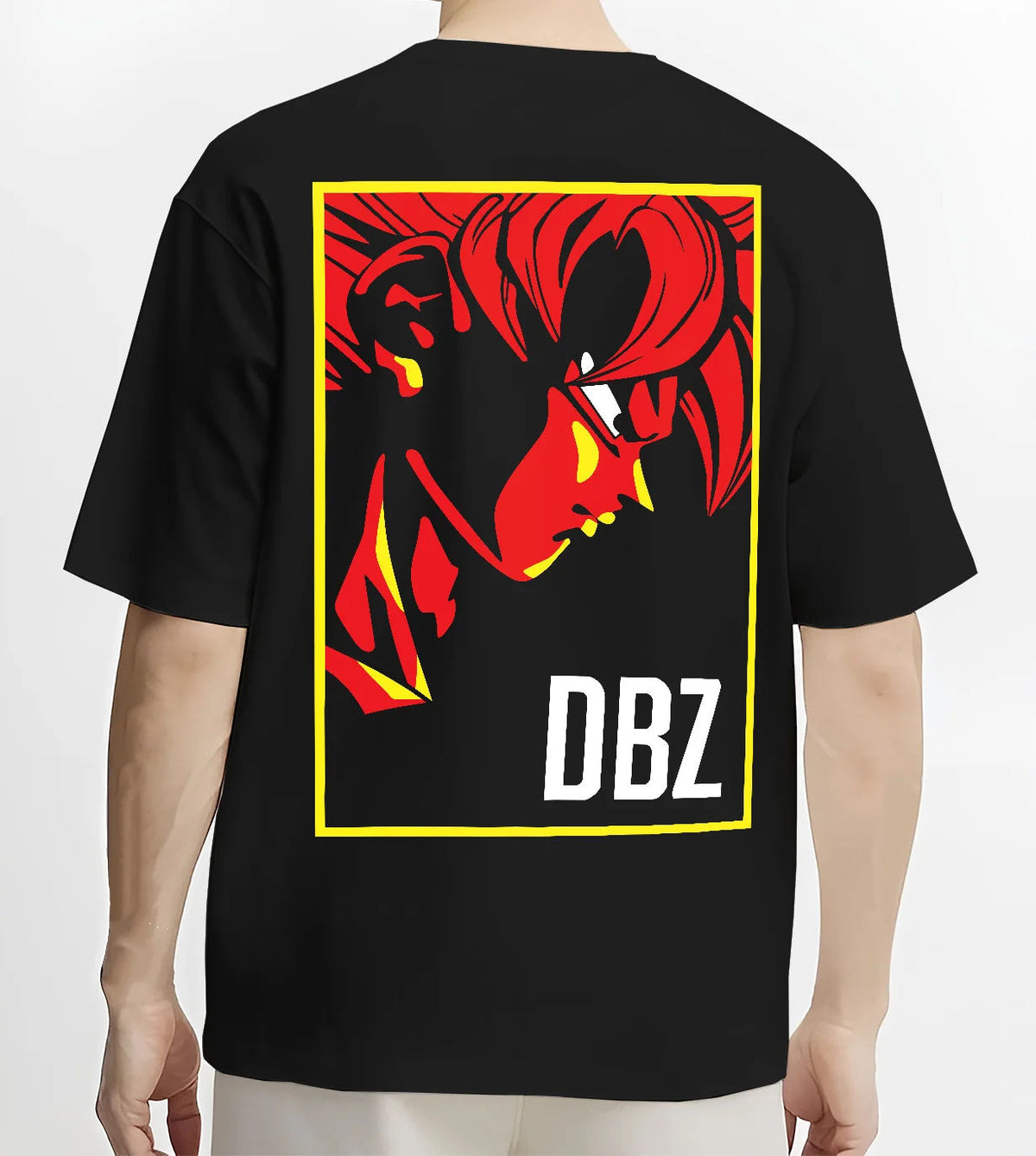 Black T-shirt model back view showing Dragon Ball Z: red silhouette character poster