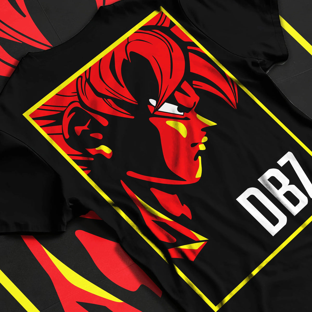 Black T-shirt flat back view showing Dragon Ball Z: red silhouette character poster