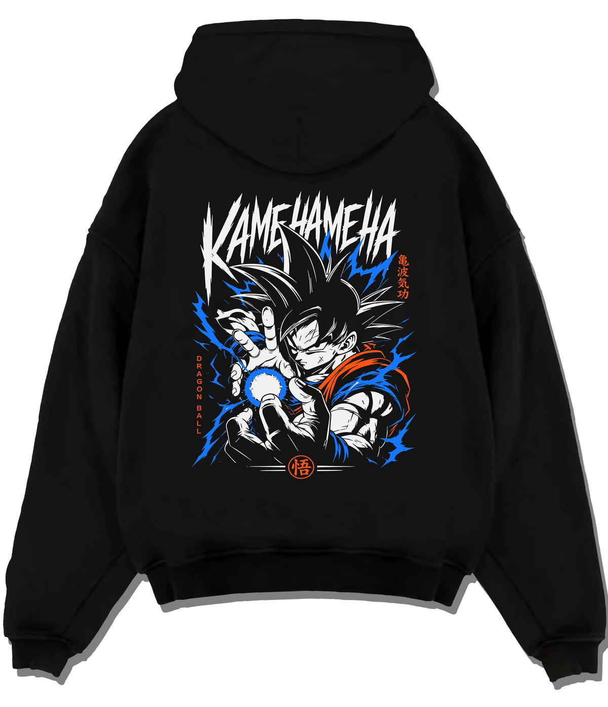 Black hoodie flat back view showing Goku from Dragon Ball: Kamehameha energy attack (black-haired)