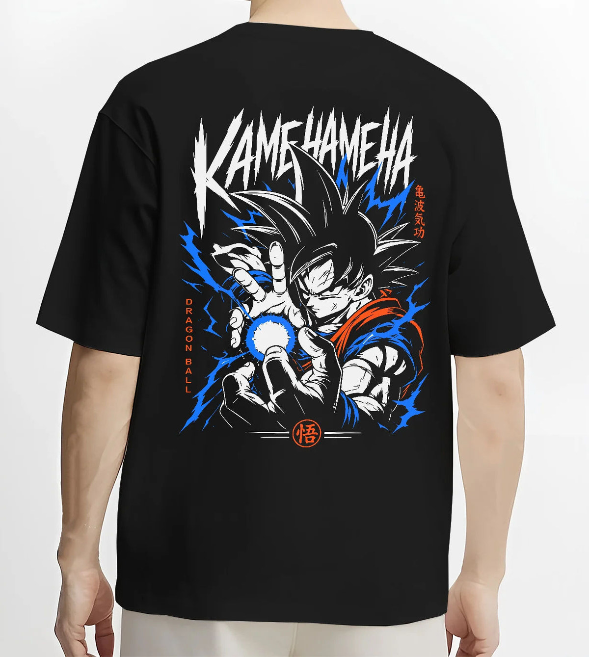 Black T-shirt model back view showing Goku from Dragon Ball: Kamehameha energy attack (black-haired)