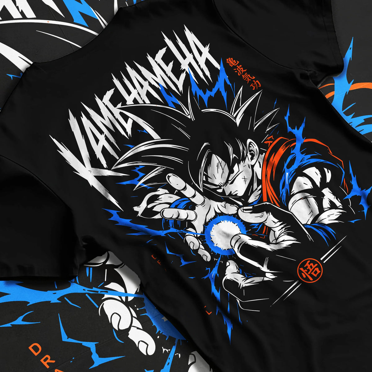 Black T-shirt flat back view showing Goku from Dragon Ball: Kamehameha energy attack (black-haired)