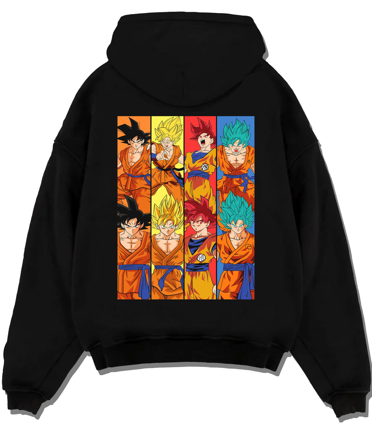 Black hoodie flat back view showing Goku from Dragon Ball: multiple Super Saiyan transformations