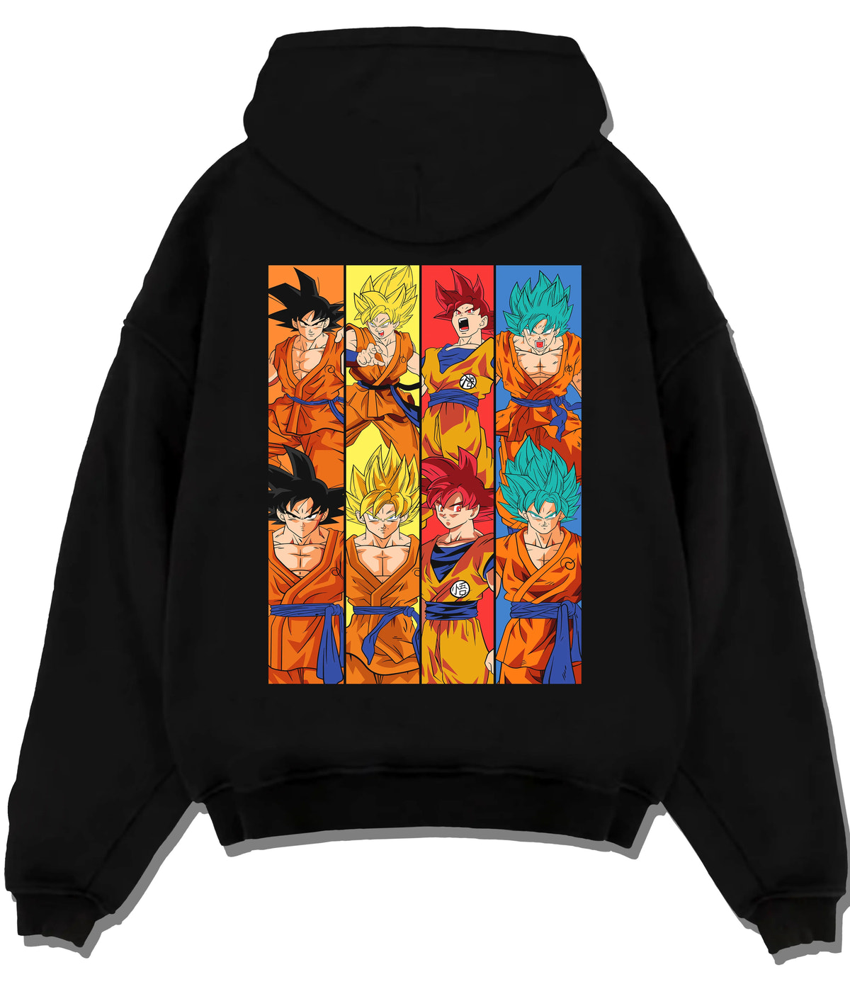 Black hoodie flat back view showing Goku from Dragon Ball: multiple Super Saiyan transformations