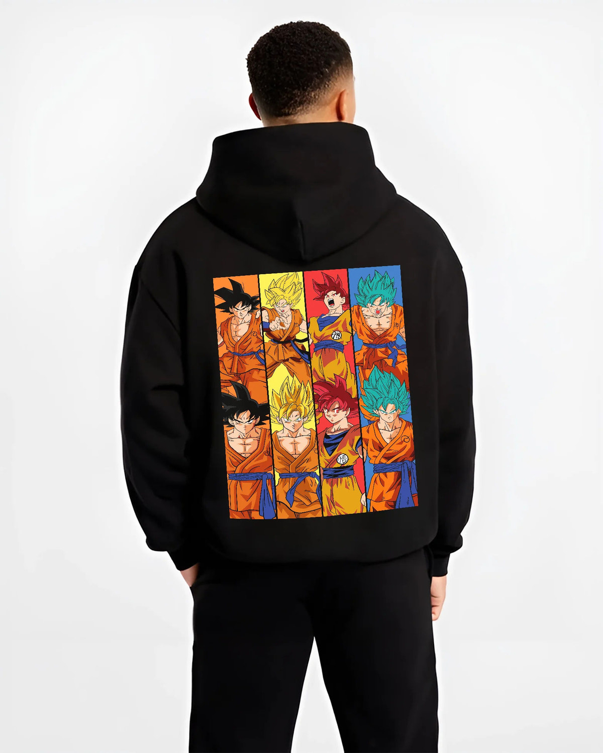 Black hoodie model back view showing Goku from Dragon Ball: multiple Super Saiyan transformations