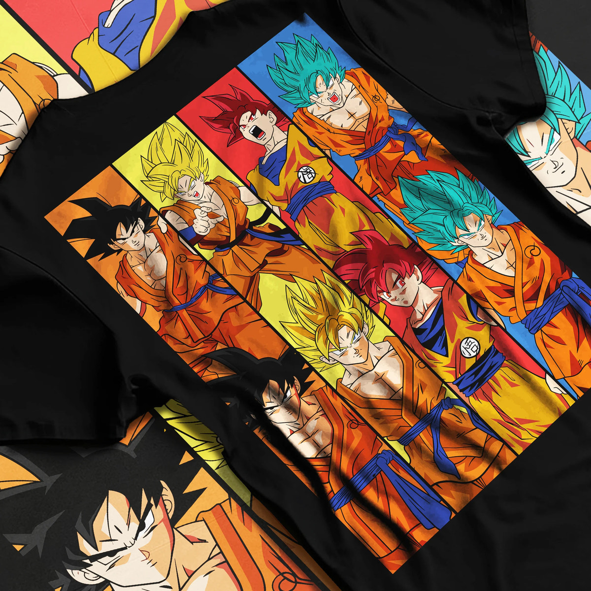 Black T-shirt flat back view showing Goku from Dragon Ball: multiple Super Saiyan transformations