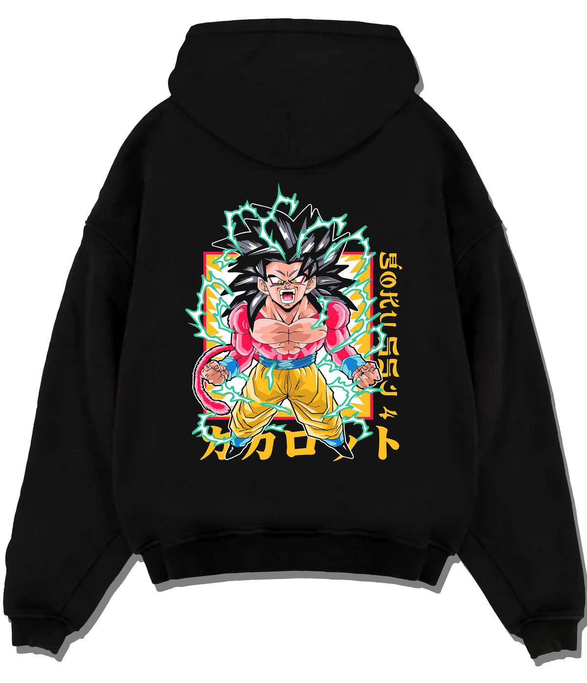 Black hoodie flat back view showing Goku from Dragon Ball GT: Super Saiyan 4 transformation