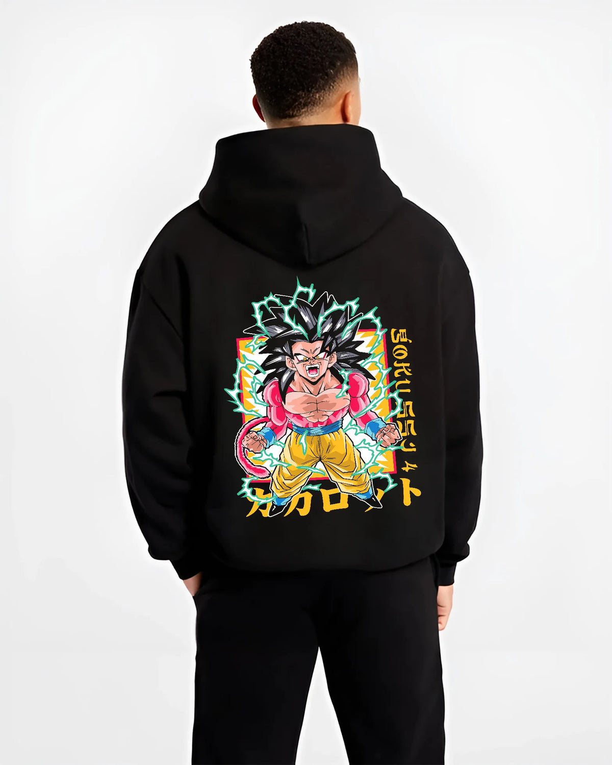 Black hoodie model back view showing Goku from Dragon Ball GT: Super Saiyan 4 transformation