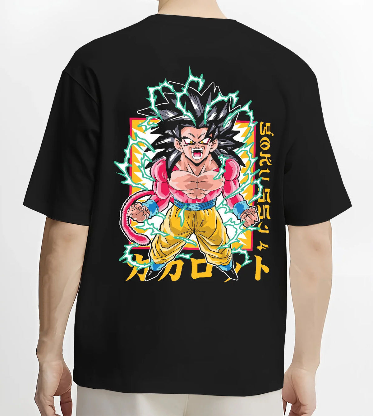 Black T-shirt model back view showing Goku from Dragon Ball GT: Super Saiyan 4 transformation