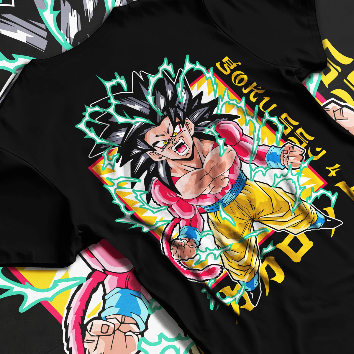 Black T-shirt flat back view showing Goku from Dragon Ball GT: Super Saiyan 4 transformation