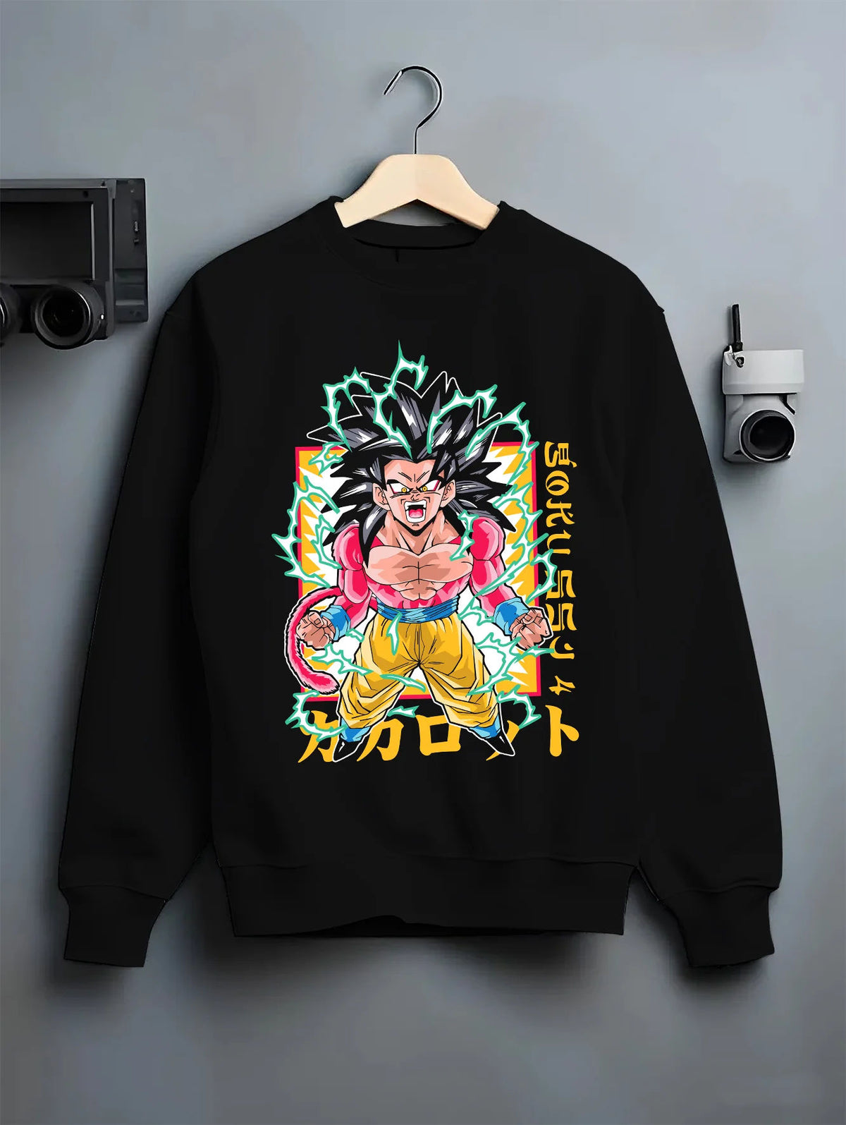 Black crewneck sweatshirt on hanger showing Goku from Dragon Ball GT: Super Saiyan 4 transformation