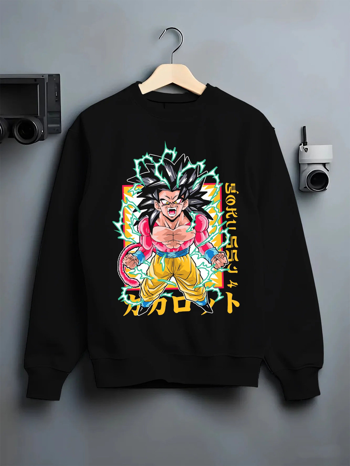 Black crewneck sweatshirt on hanger showing Goku from Dragon Ball GT: Super Saiyan 4 transformation