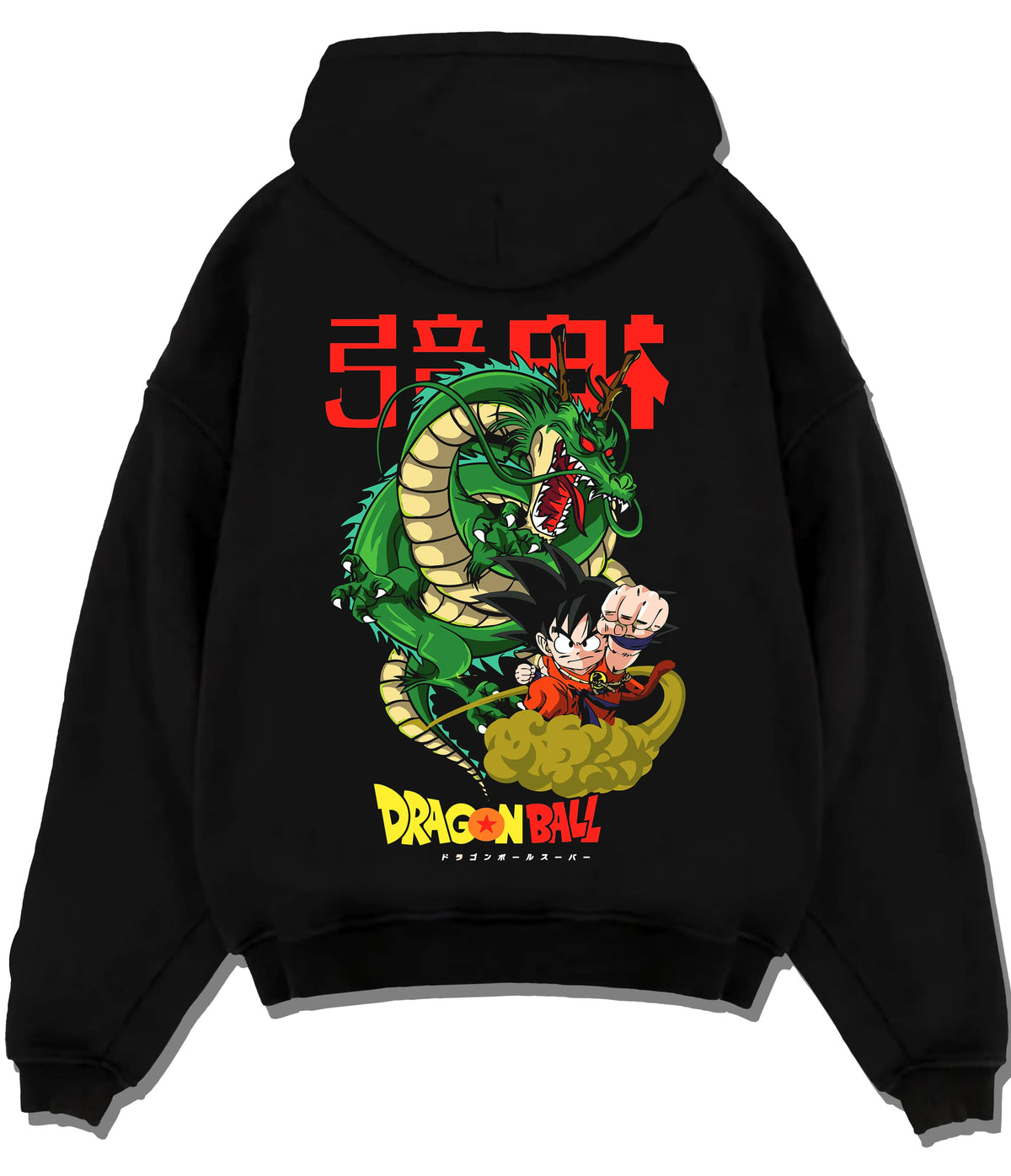 Black hoodie flat back view with Kid Goku with Shenron from Dragon Ball illustrated back graphic