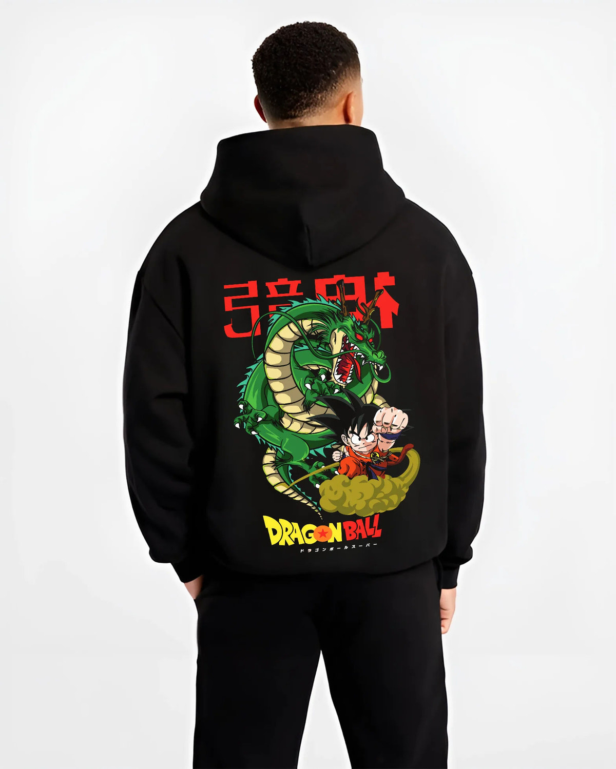 Black hoodie model back view with Kid Goku with Shenron from Dragon Ball illustrated back graphic