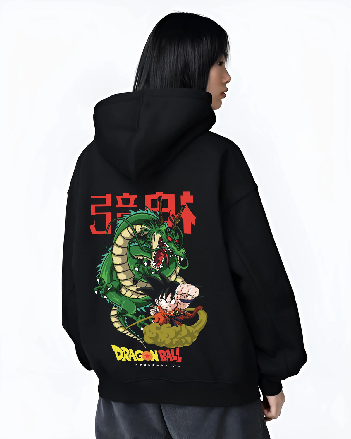 Black hoodie female model back view with Kid Goku with Shenron from Dragon Ball illustrated back graphic