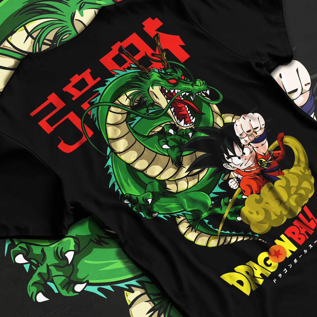Black T-shirt flat back view with Kid Goku with Shenron from Dragon Ball illustrated back graphic