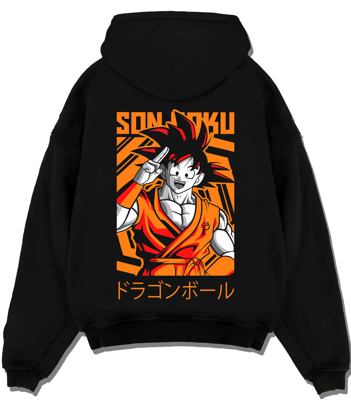 Black hoodie flat back view showing Young Goku from Dragon Ball: orange gi and raised hand