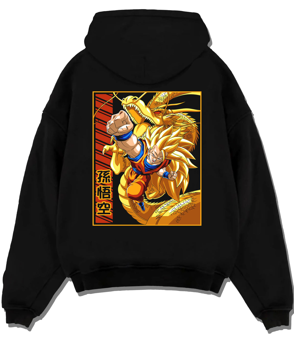 Black hoodie flat back view showing Super Saiyan Goku from Dragon Ball: golden hair with Shenron