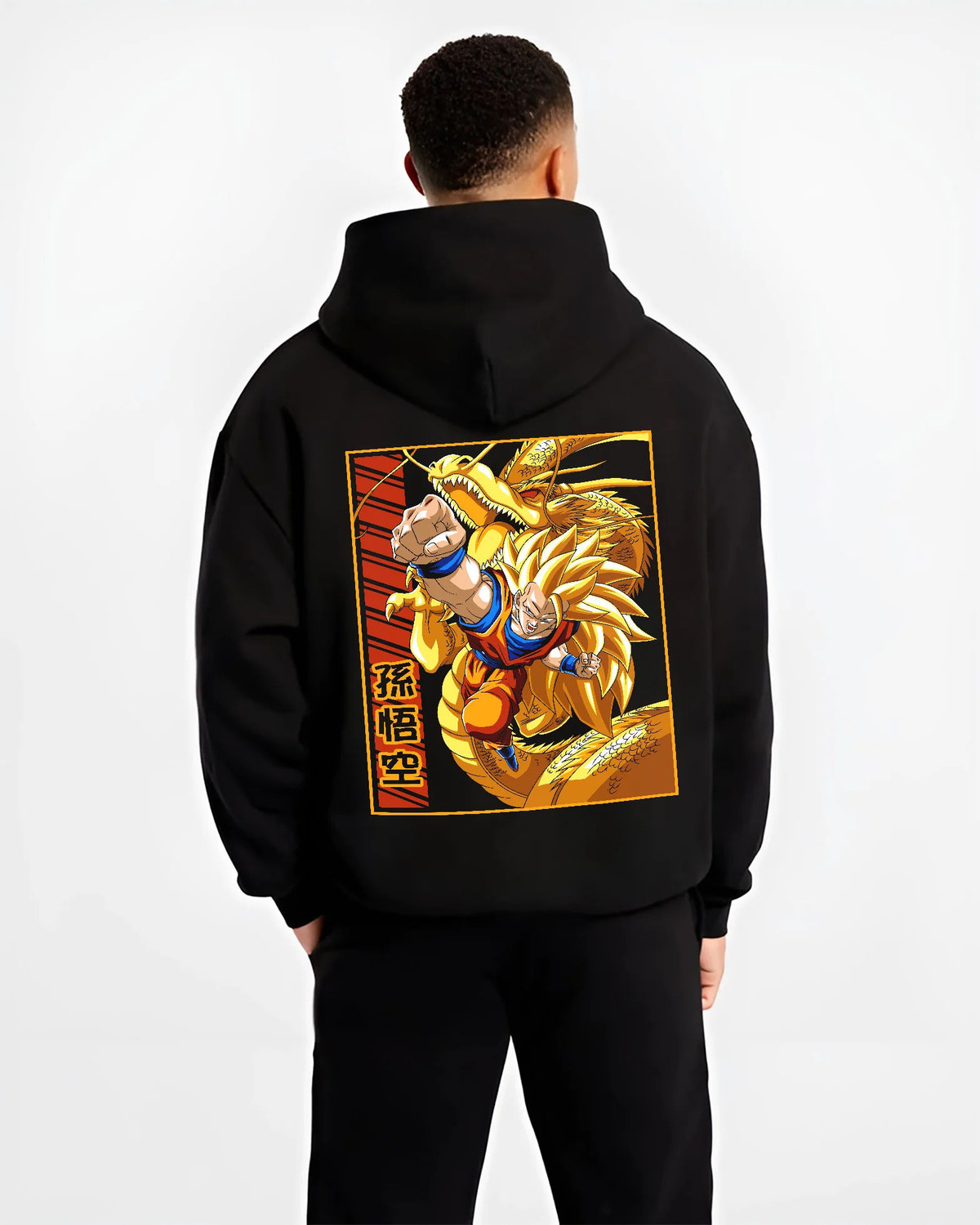 Black hoodie model back view showing Super Saiyan Goku from Dragon Ball: golden hair with Shenron