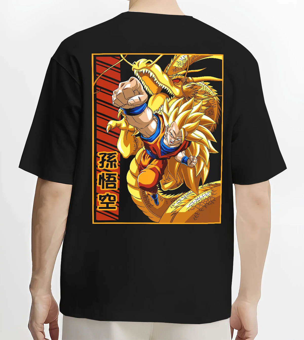 Black T-shirt model back view showing Super Saiyan Goku from Dragon Ball: golden hair with Shenron