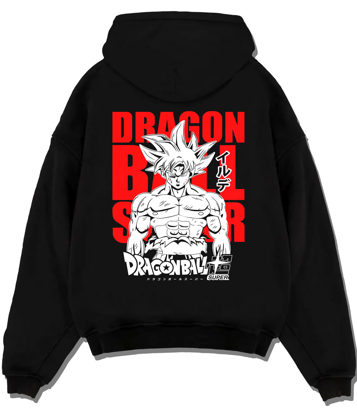 Black hoodie flat back view showing Goku from Dragon Ball Super: Ultra Instinct silver-haired portrait