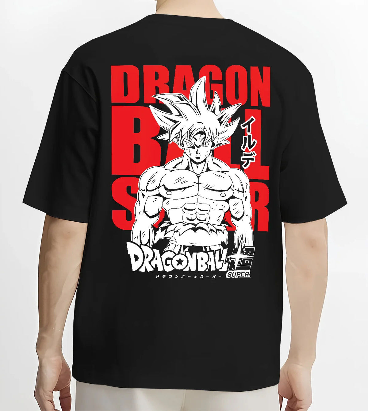 Black T-shirt model back view showing Goku from Dragon Ball Super: Ultra Instinct silver-haired portrait
