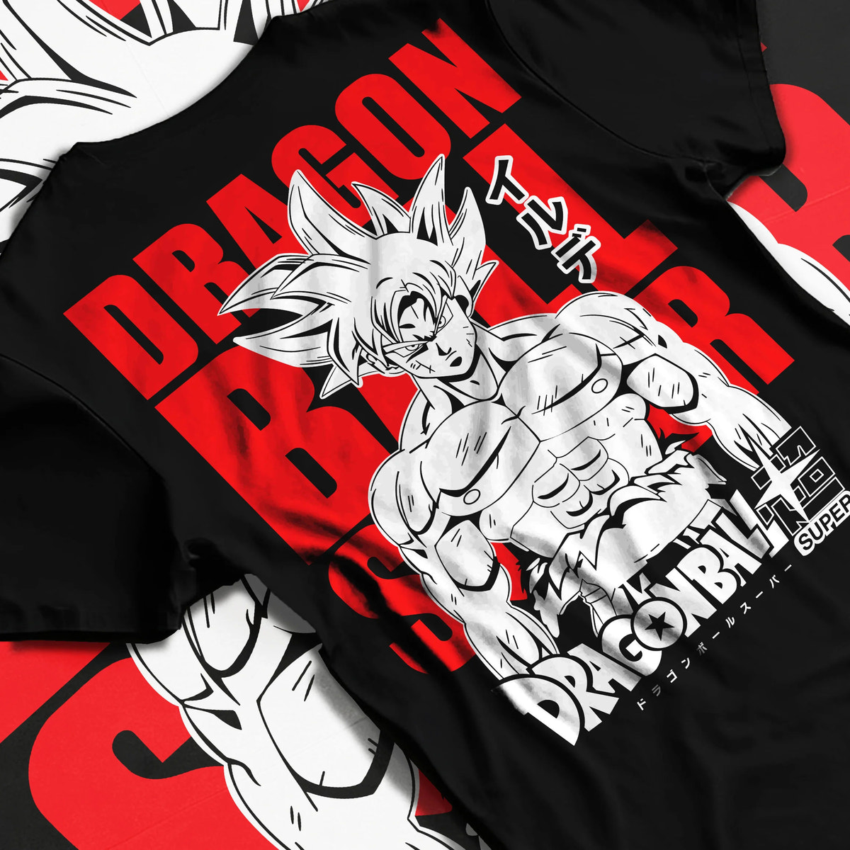 Black T-shirt flat back view showing Goku from Dragon Ball Super: Ultra Instinct silver-haired portrait