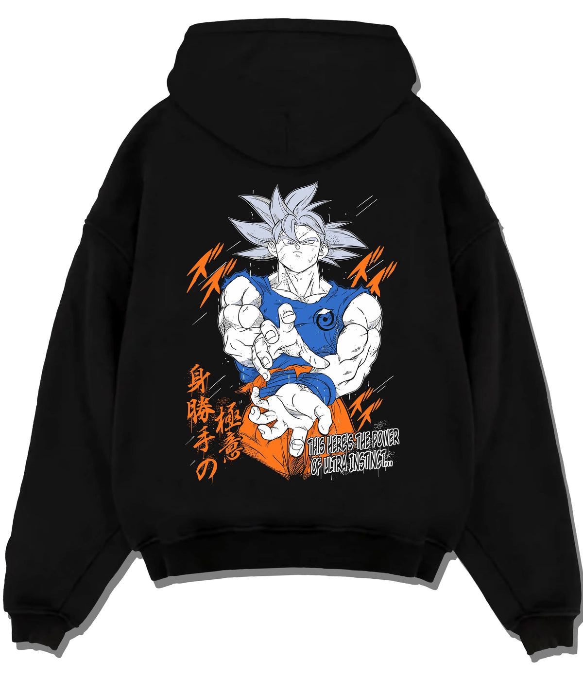 Black hoodie flat back view showing Goku from Dragon Ball Super: silver-haired Ultra Instinct poster