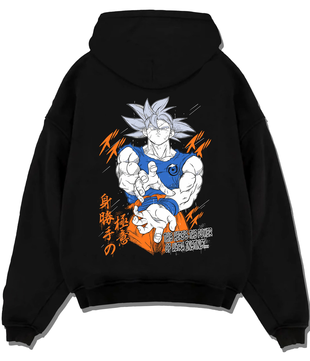 Black hoodie flat back view showing Goku from Dragon Ball Super: silver-haired Ultra Instinct poster