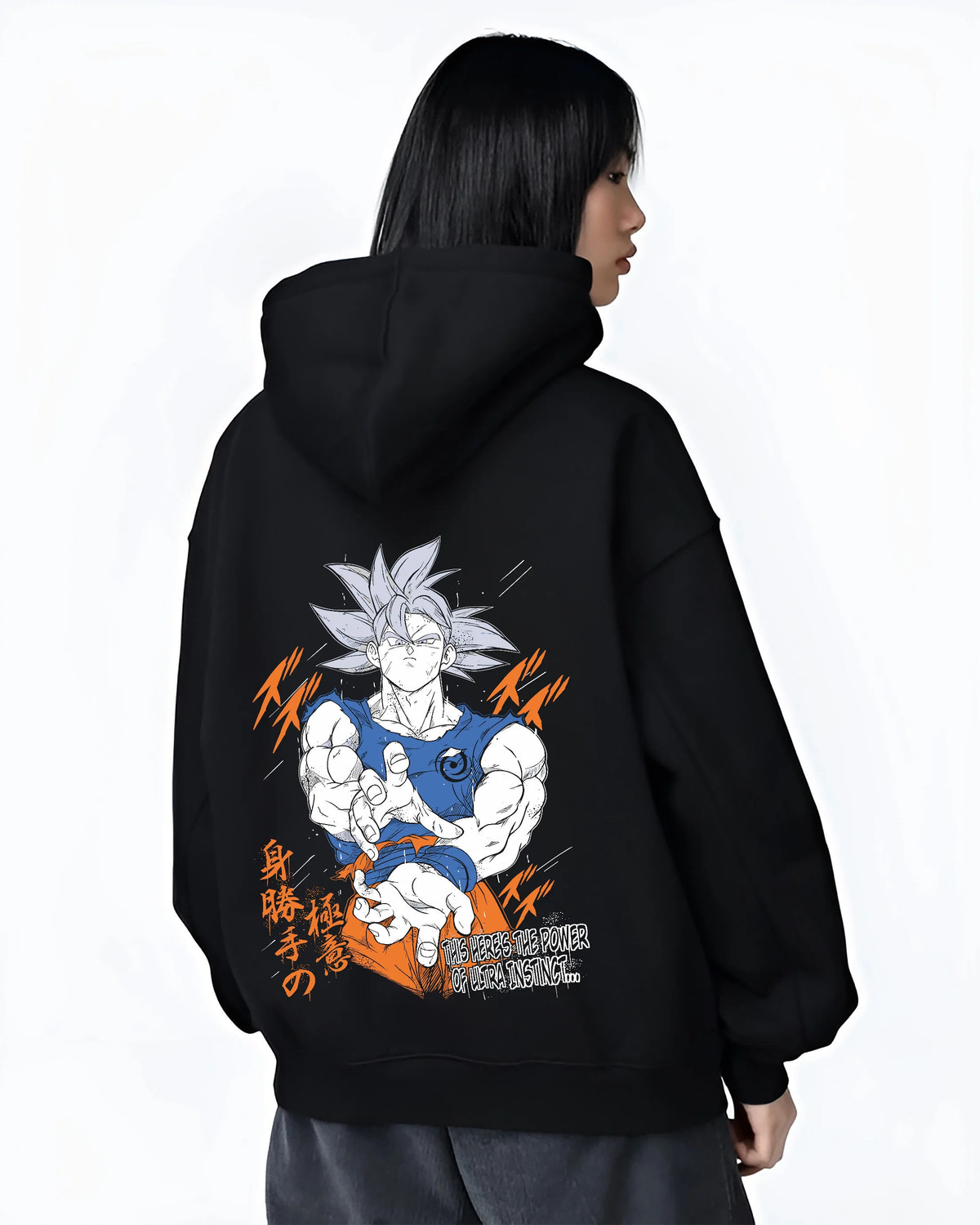 Black hoodie female model back view showing Goku from Dragon Ball Super: silver-haired Ultra Instinct poster