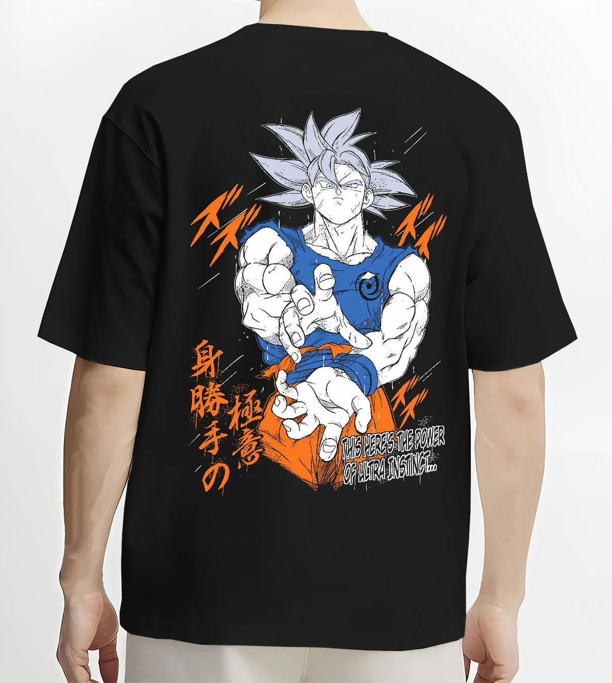 Black T-shirt model back view showing Goku from Dragon Ball Super: silver-haired Ultra Instinct poster
