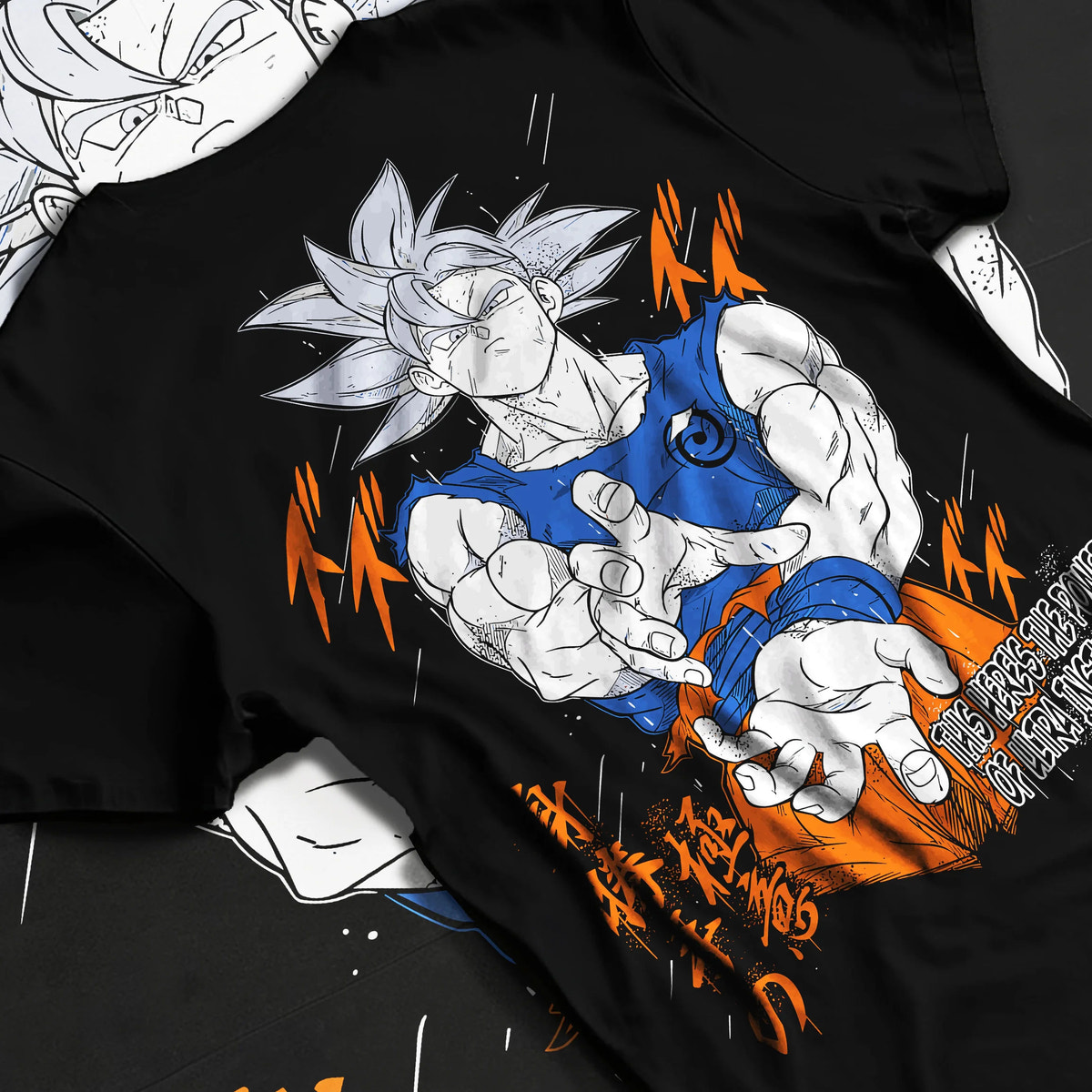 Black T-shirt flat back view showing Goku from Dragon Ball Super: silver-haired Ultra Instinct poster