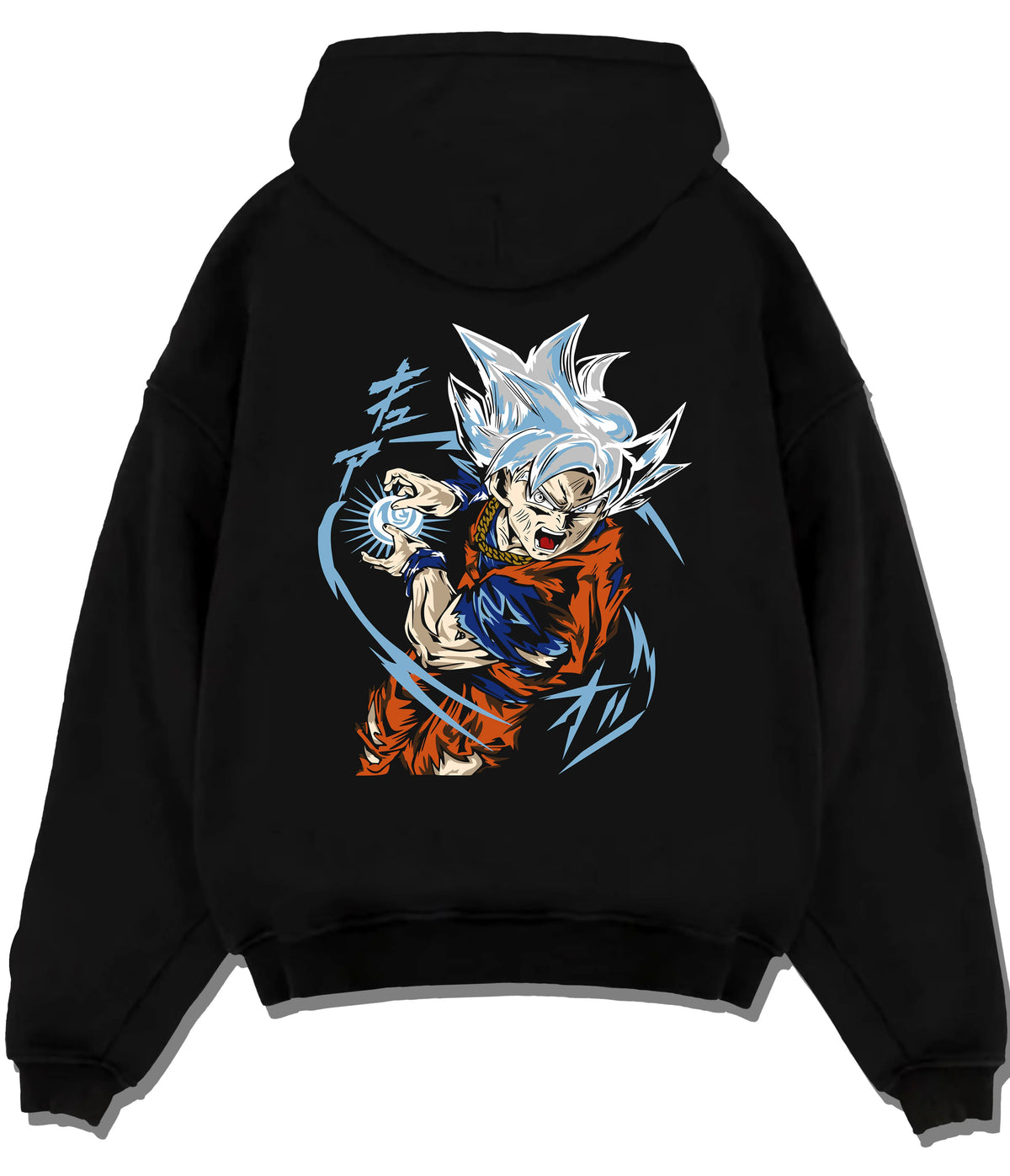 Black hoodie flat back view showing Goku from Dragon Ball Super: Ultra Instinct energy charge