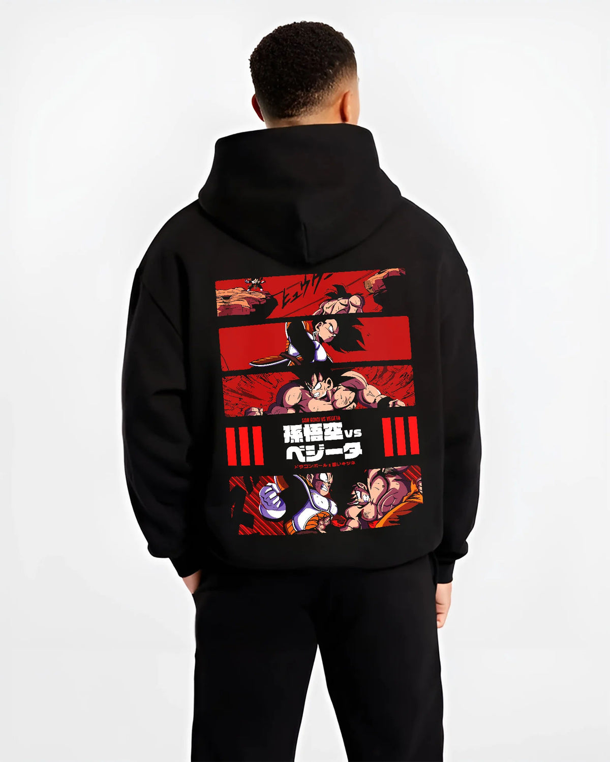 Black hoodie model back view showing Goku vs Vegeta from Dragon Ball Z: battle comparison collage