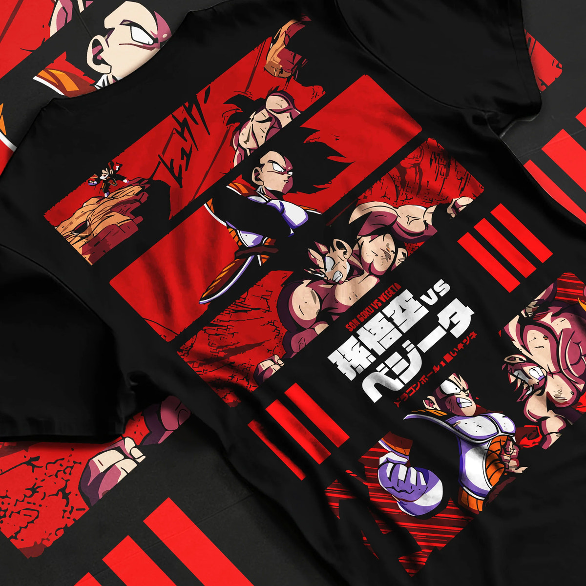 Black T-shirt flat back view showing Goku vs Vegeta from Dragon Ball Z: battle comparison collage