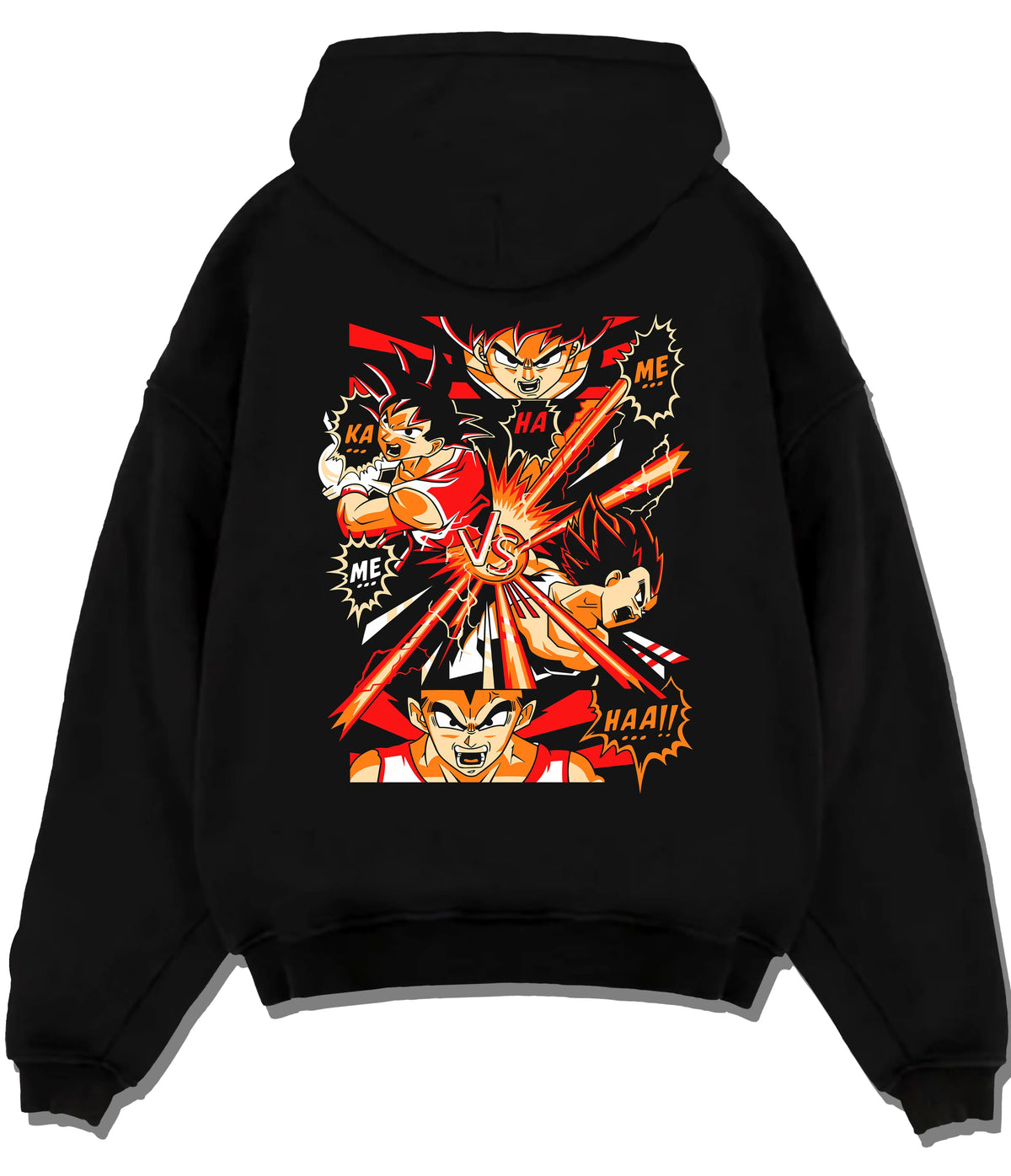 Black hoodie flat back view showing Goku vs Vegeta from Dragon Ball Z: fiery fight panels