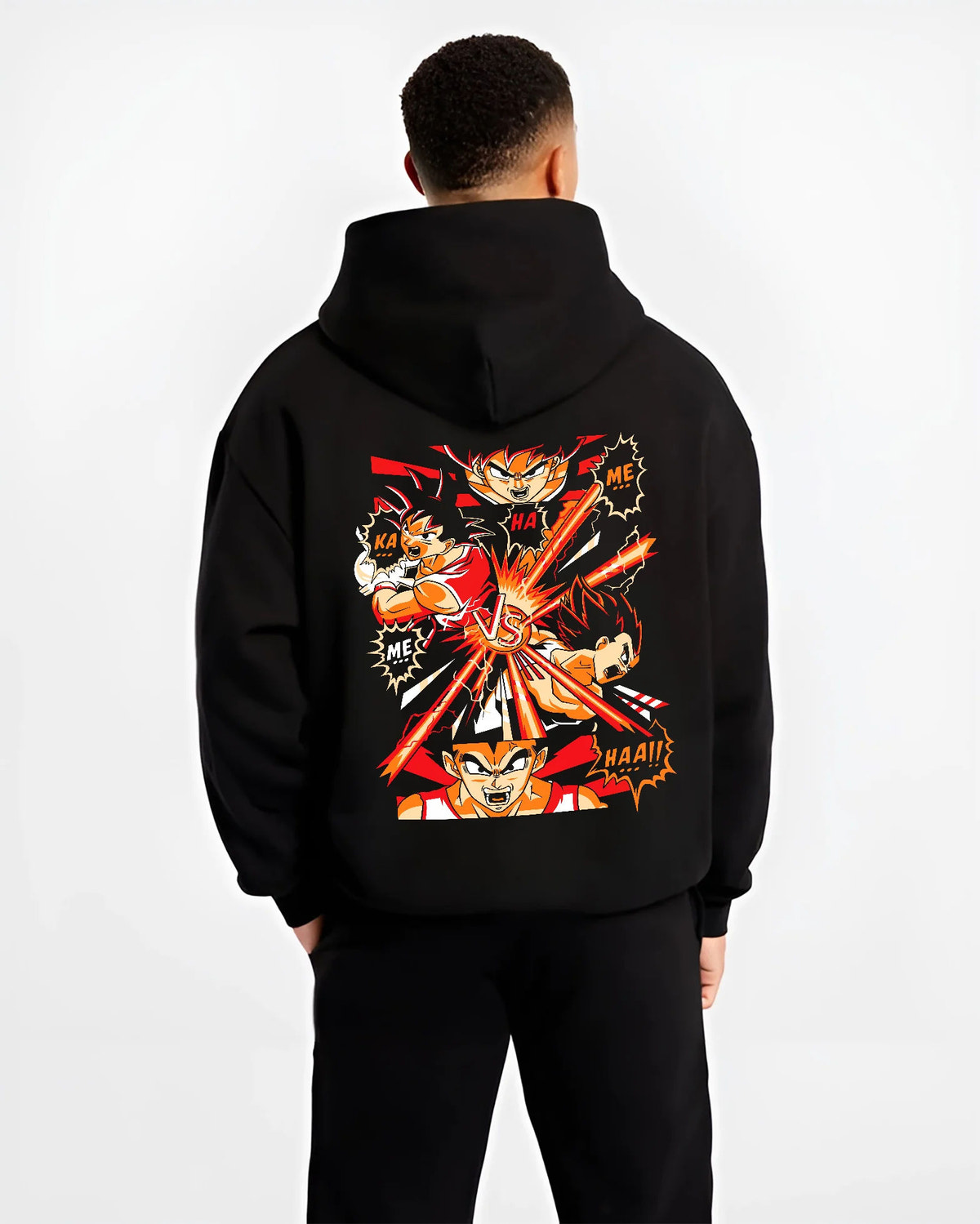 Black hoodie model back view showing Goku vs Vegeta from Dragon Ball Z: fiery fight panels