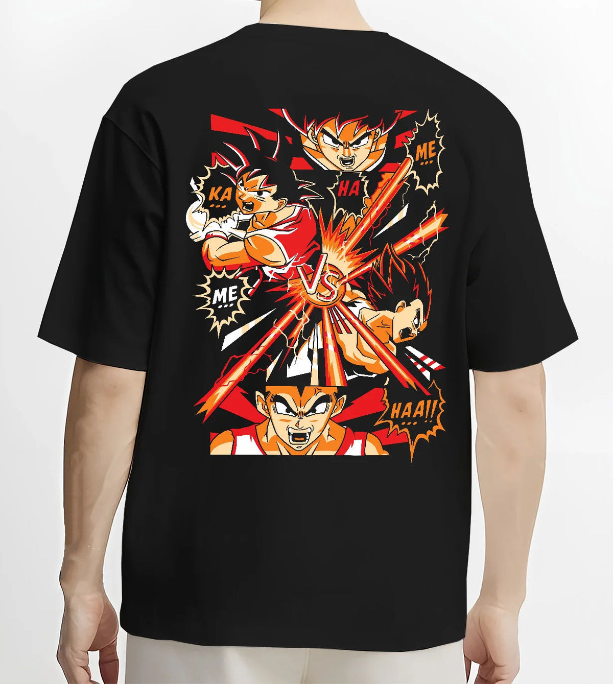 Black T-shirt model back view showing Goku vs Vegeta from Dragon Ball Z: fiery fight panels
