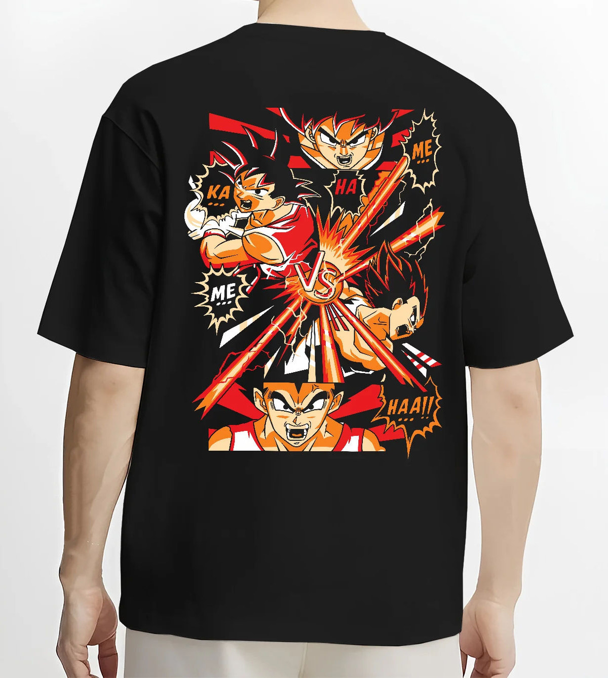 Black T-shirt model back view showing Goku vs Vegeta from Dragon Ball Z: fiery fight panels