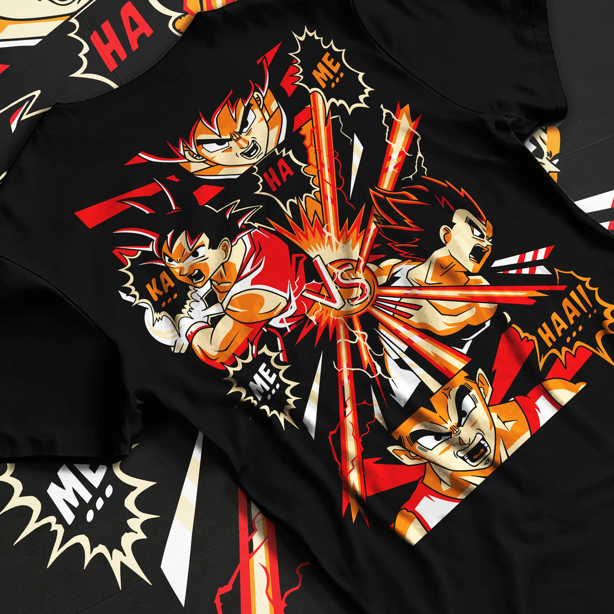 Black T-shirt flat back view showing Goku vs Vegeta from Dragon Ball Z: fiery fight panels
