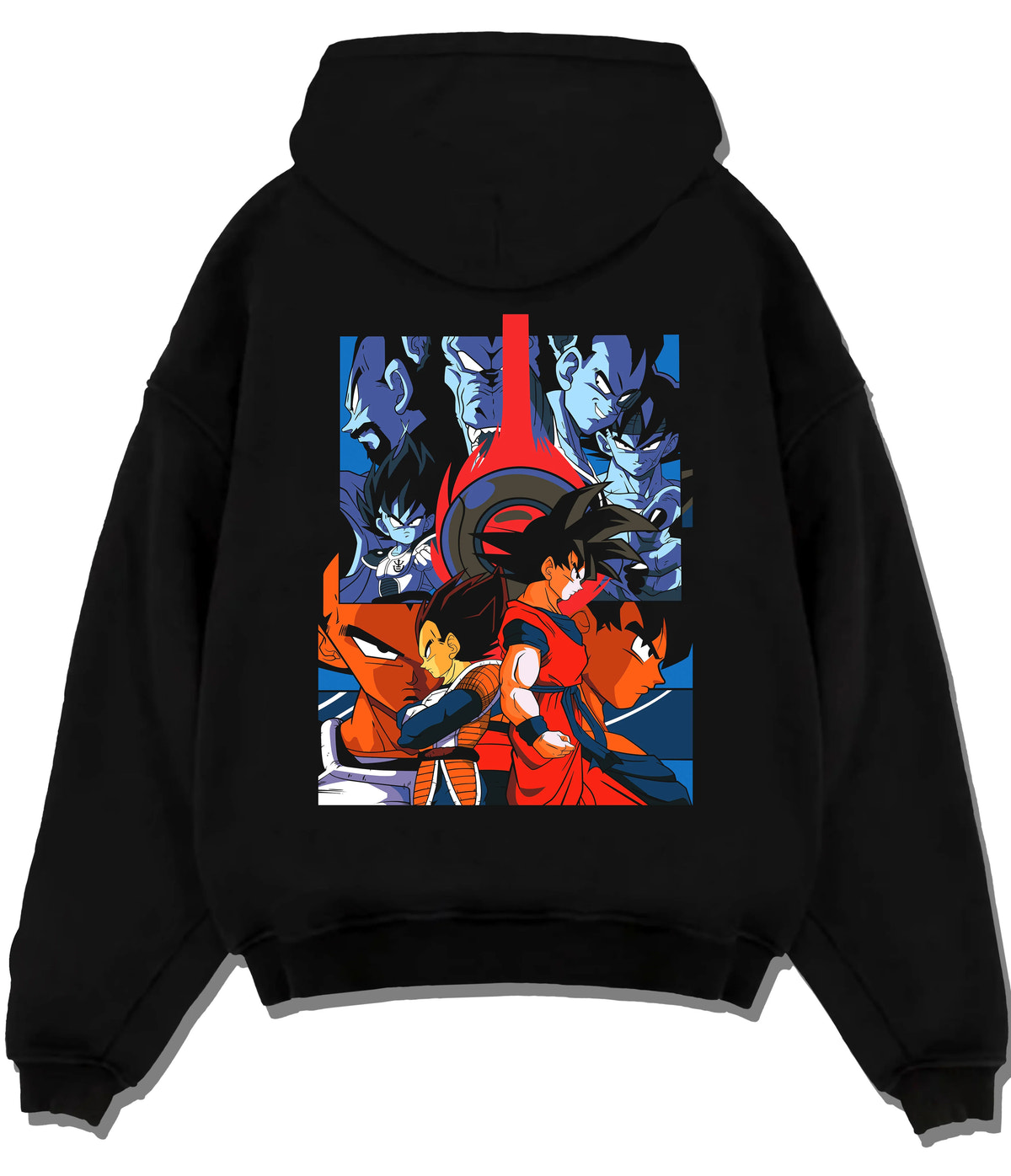 Black hoodie flat back view showing Goku and Vegeta from Dragon Ball: opposing Saiyan fighters