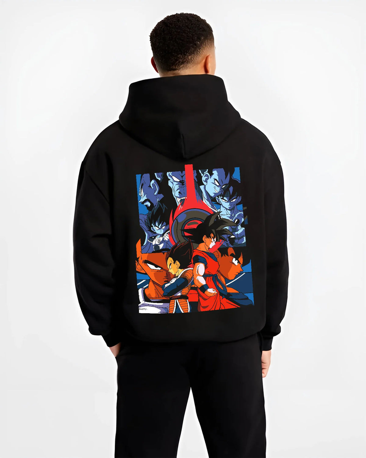 Black hoodie model back view showing Goku and Vegeta from Dragon Ball: opposing Saiyan fighters