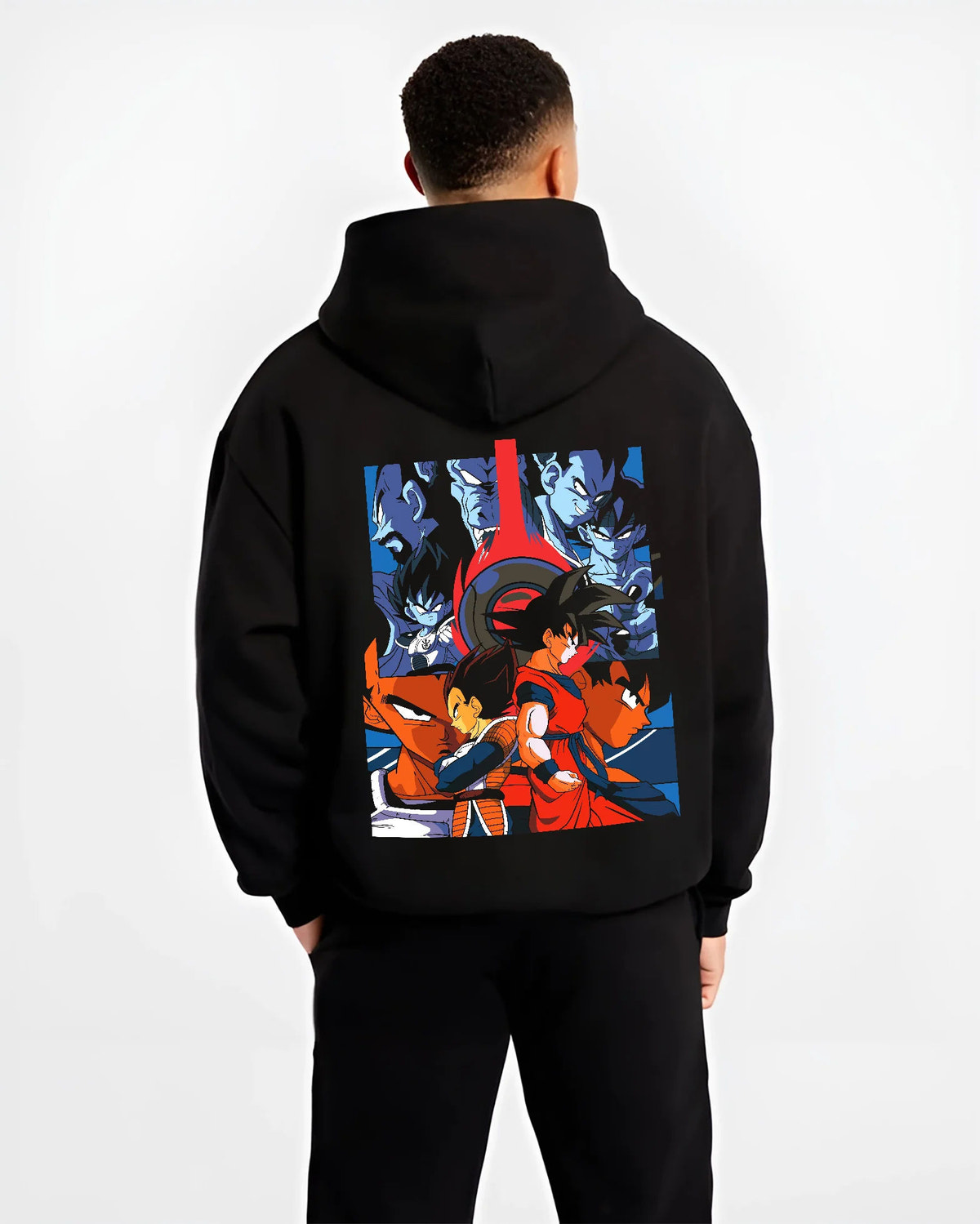 Black hoodie model back view showing Goku and Vegeta from Dragon Ball: opposing Saiyan fighters