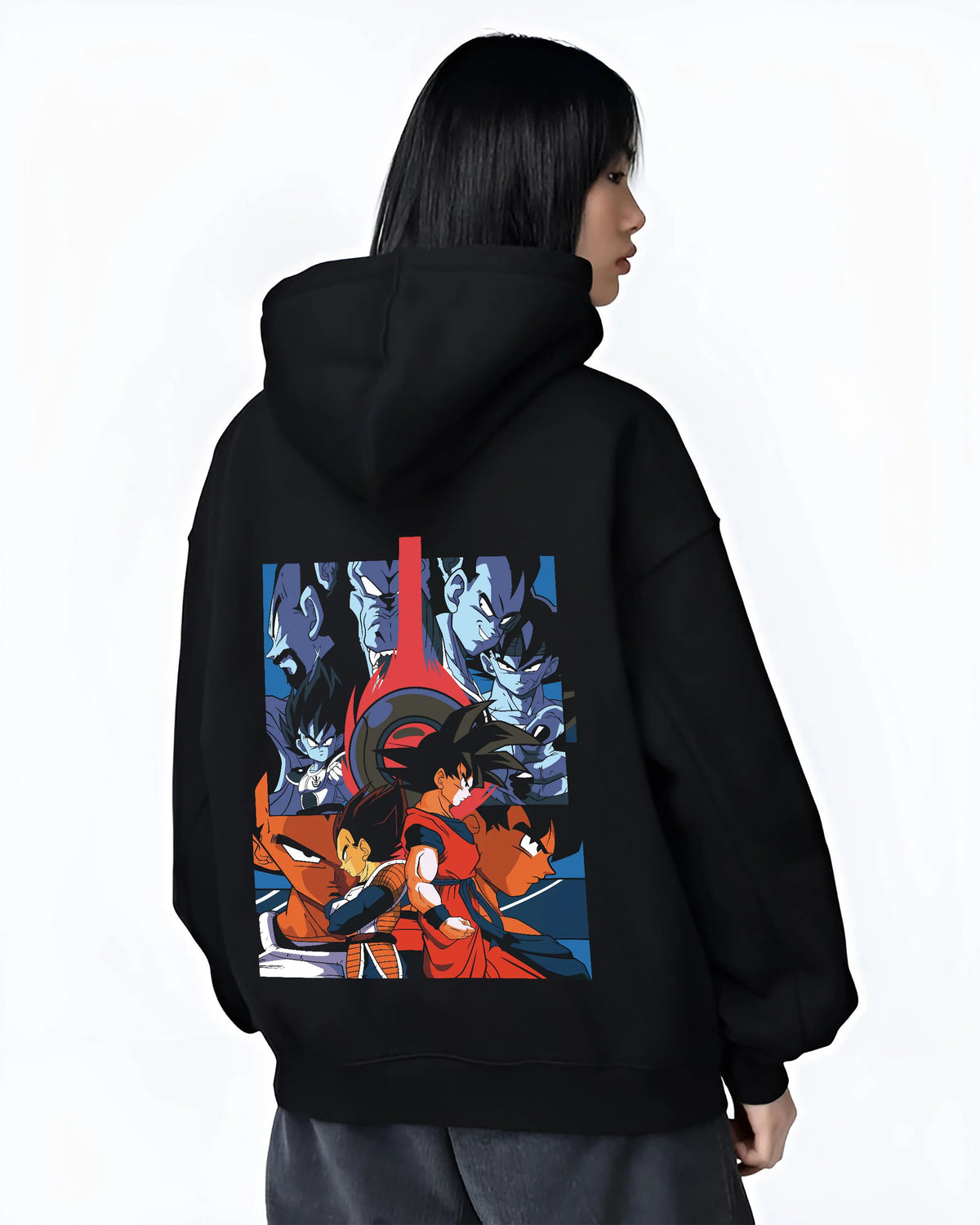 Black hoodie female model back view showing Goku and Vegeta from Dragon Ball: opposing Saiyan fighters