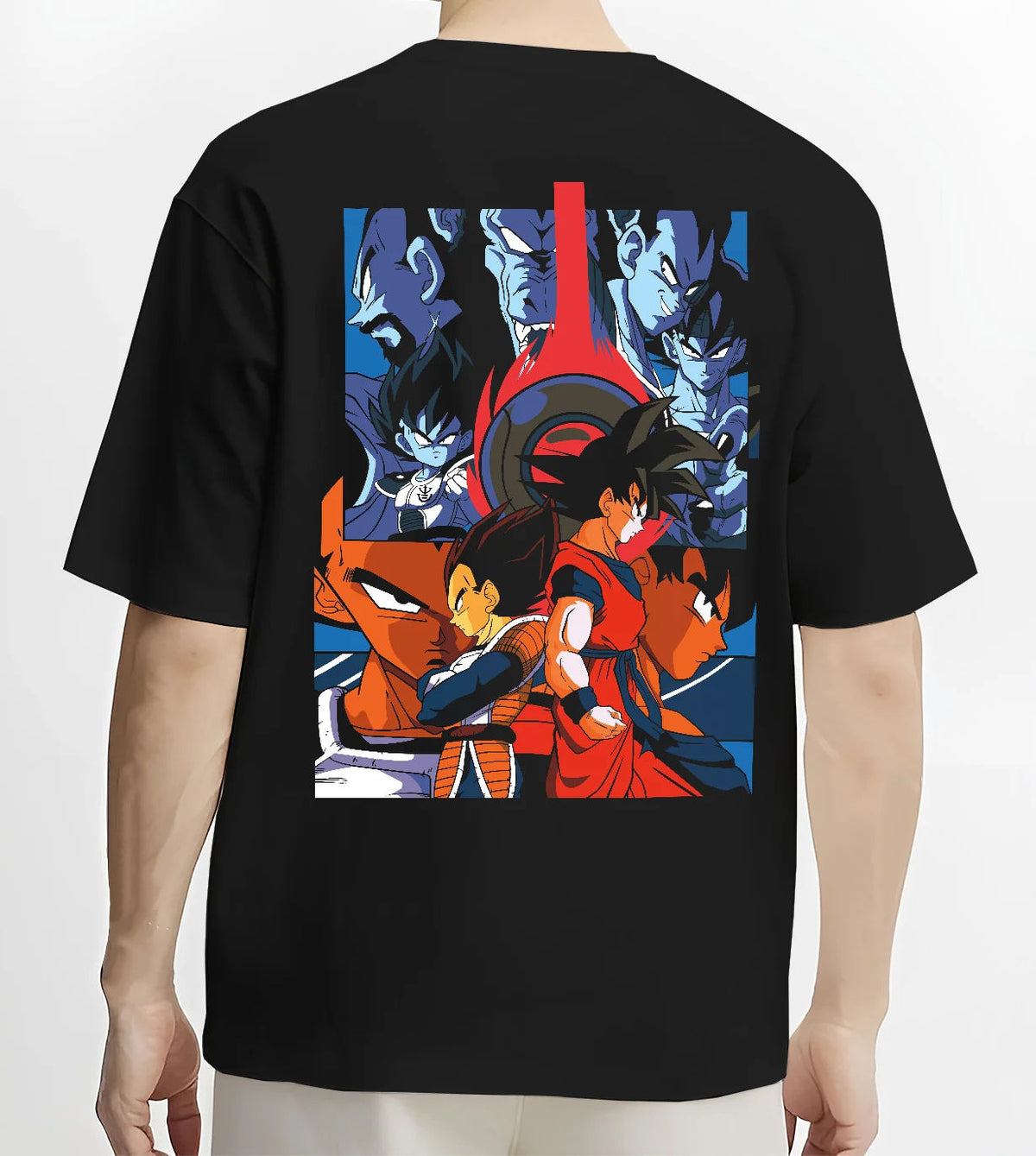 Black T-shirt model back view showing Goku and Vegeta from Dragon Ball: opposing Saiyan fighters