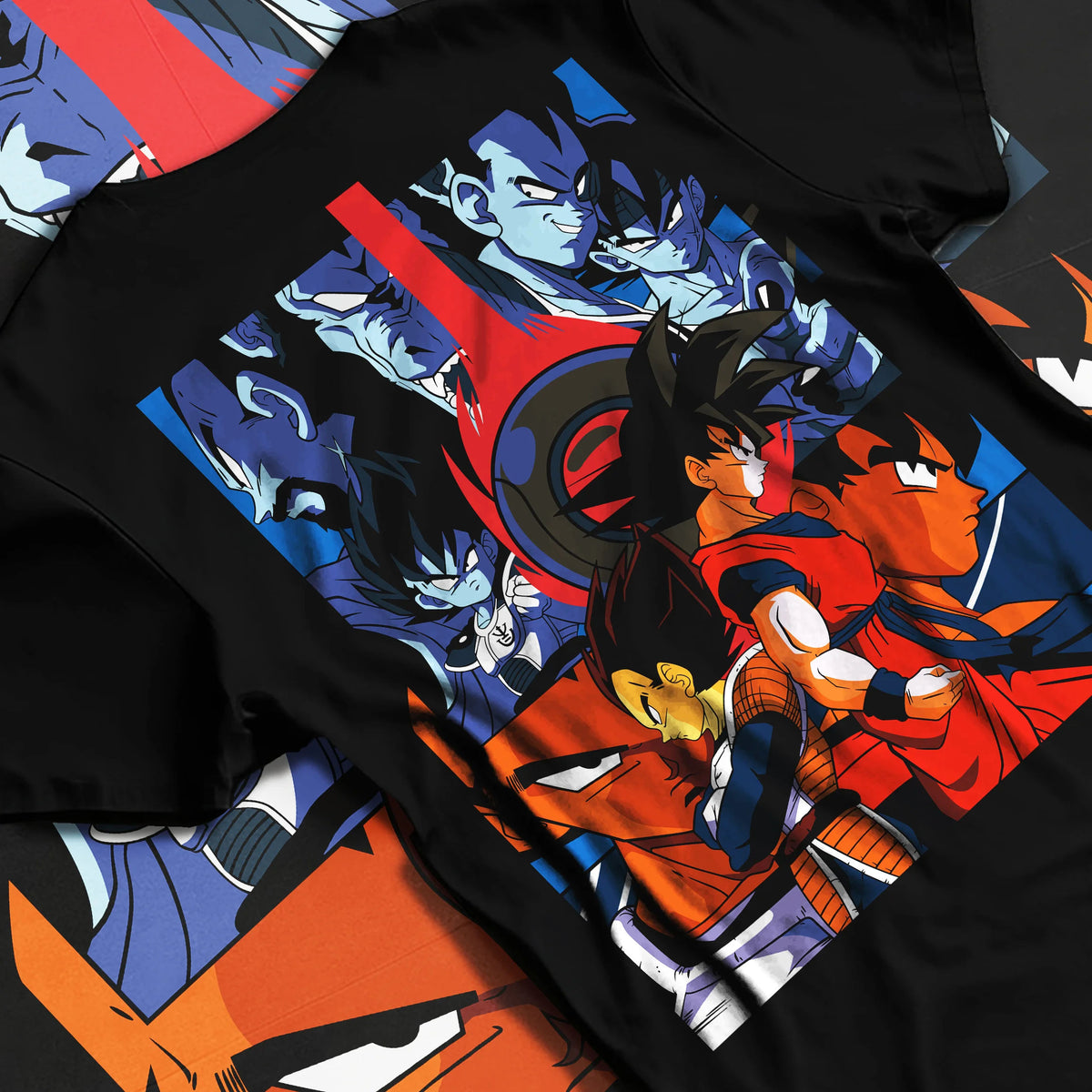 Black T-shirt flat back view showing Goku and Vegeta from Dragon Ball: opposing Saiyan fighters