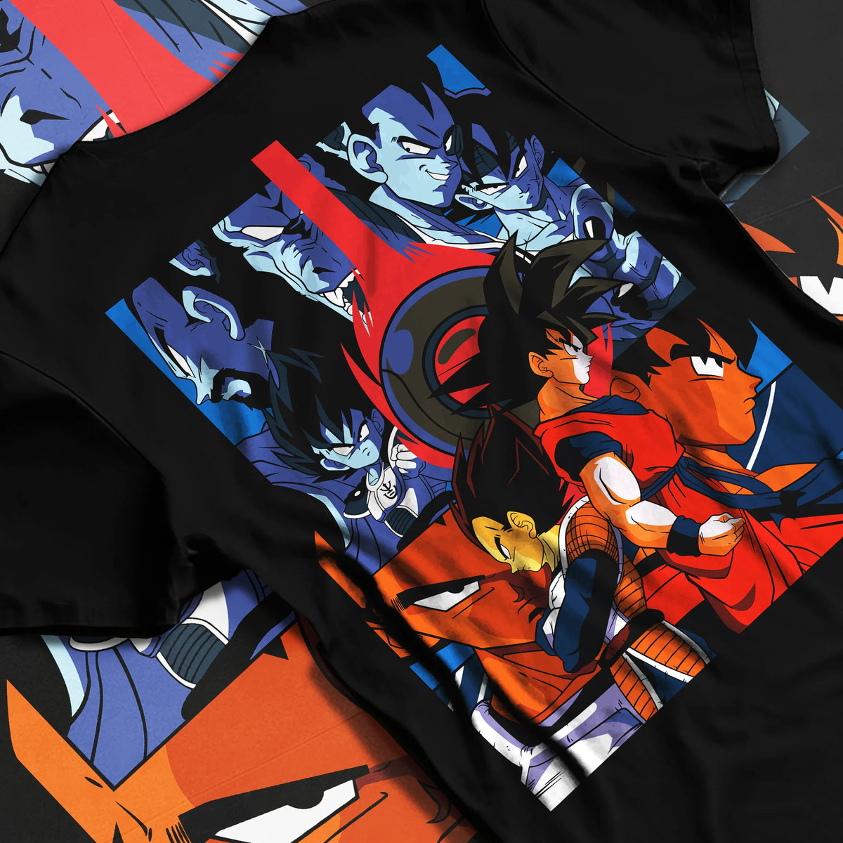 Black T-shirt flat back view showing Goku and Vegeta from Dragon Ball: opposing Saiyan fighters