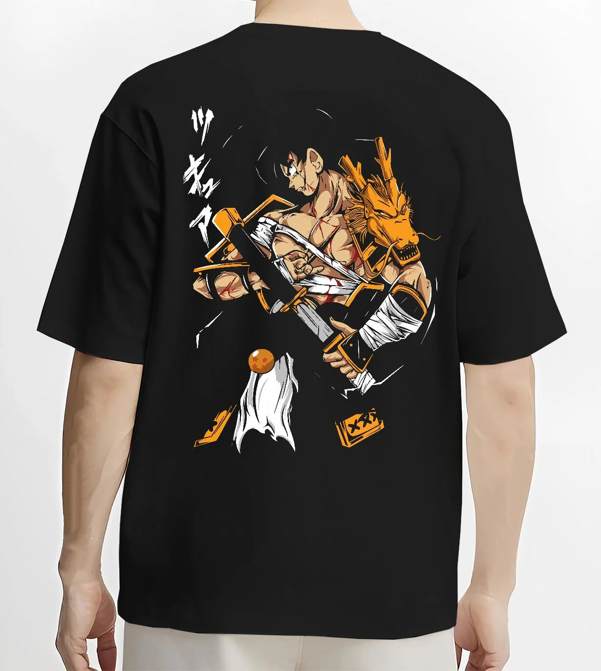 Black T-shirt worn by male model, back view with Dragon Ball Z Hoodie Goku Vegeta Epic Clash Jumper graphic bold anime graphic.
