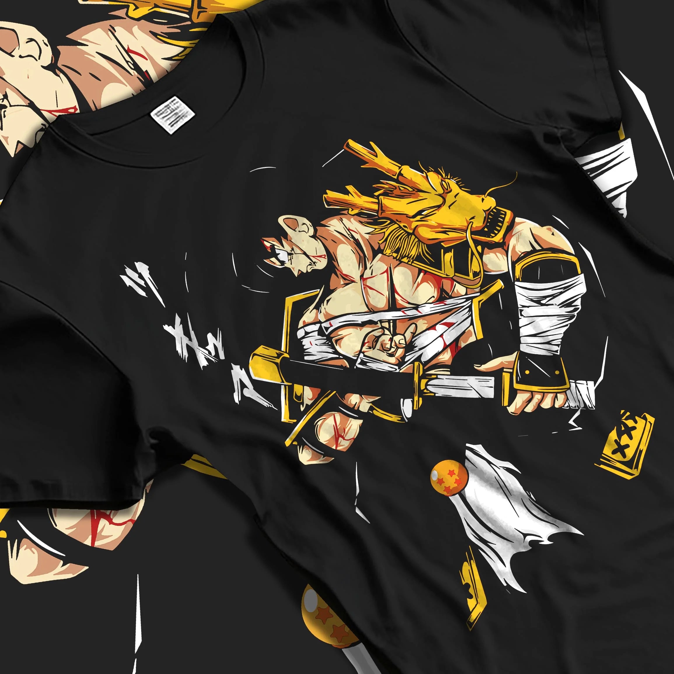 Black T-shirt laid flat with natural folds with Dragon Ball Z Hoodie Goku Vegeta Epic Clash Jumper graphic bold anime graphic.