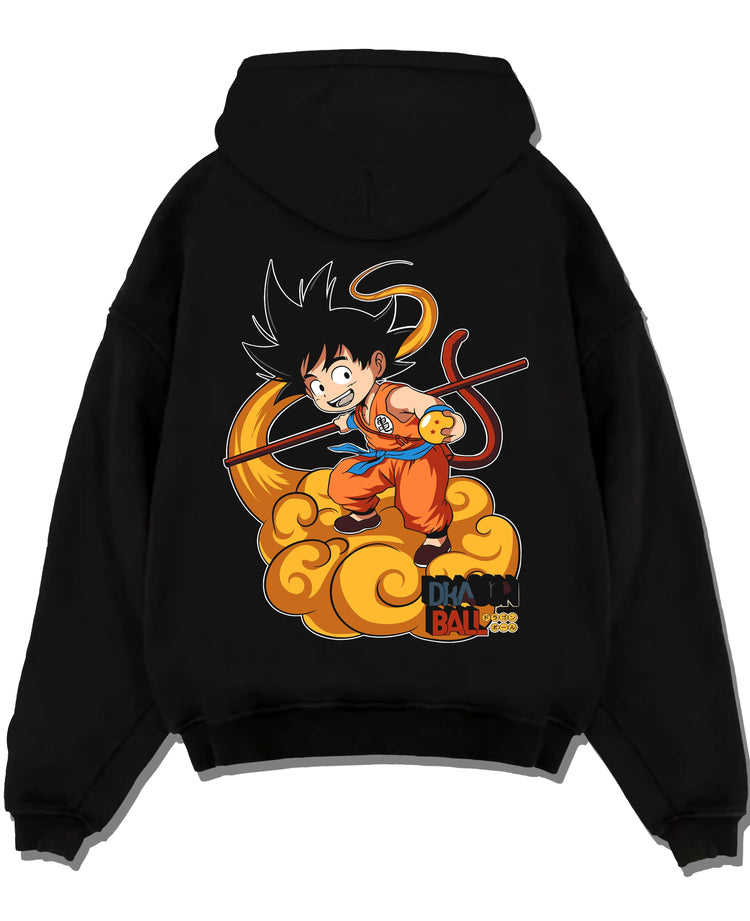 Black pullover hoodie laid flat with Dragon Ball Z Hoodie Kid Goku Nimbus Jumper graphic bold anime graphic.