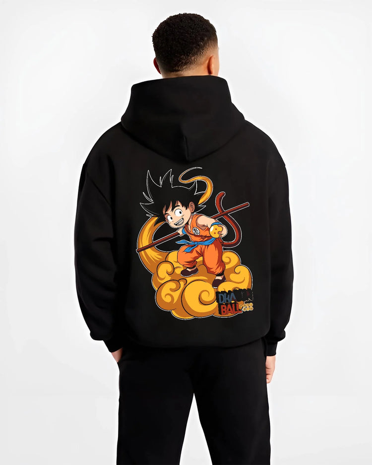 Black hoodie worn by male model, back view with Dragon Ball Z Hoodie Kid Goku Nimbus Jumper graphic bold anime graphic.